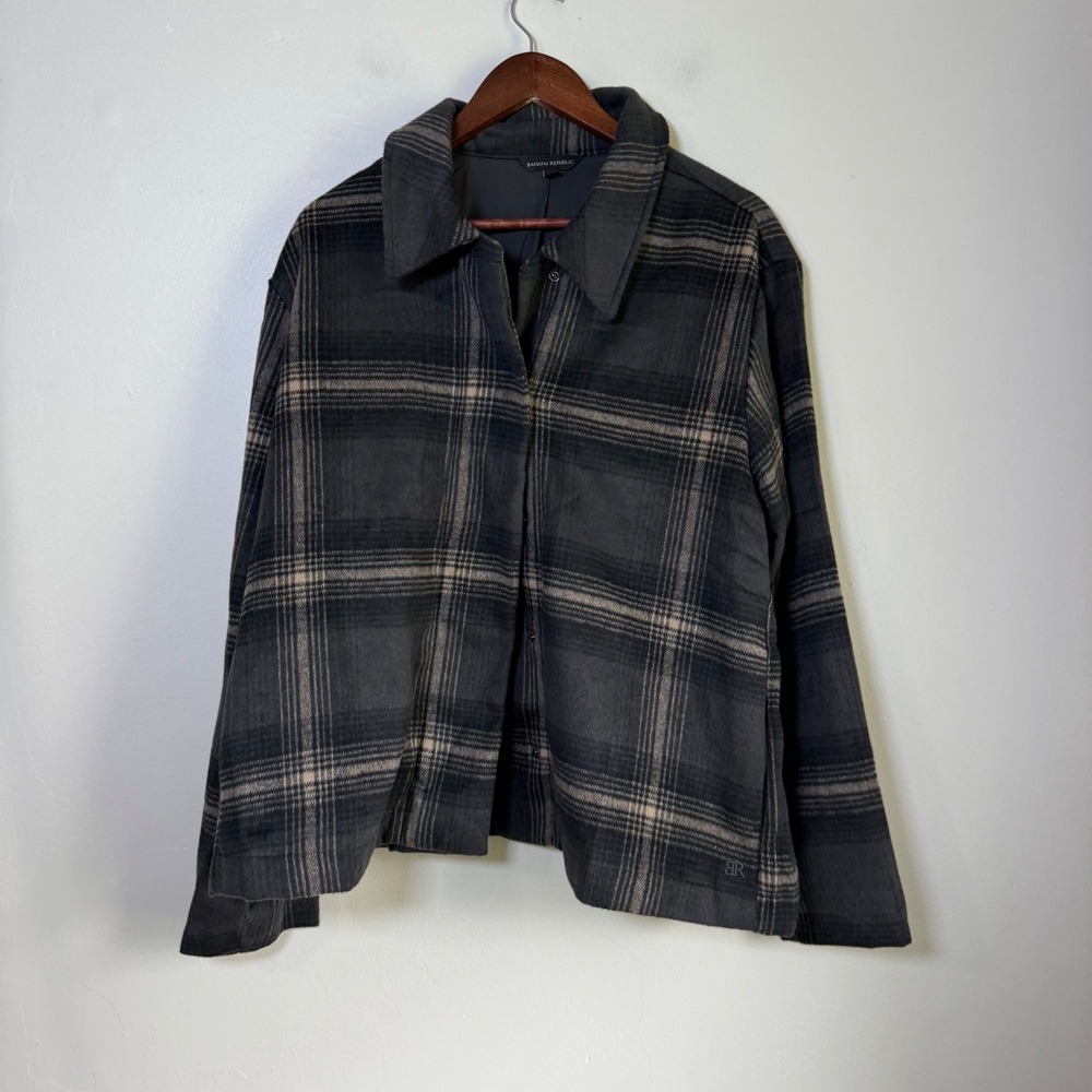 Banana Republic Plaid Brushed Snap Front Boxy Shirt Jacket Size XXL Grey Tan